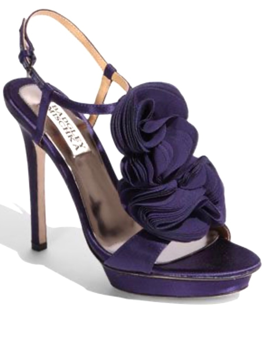 BADGLEY MISCHKA Randee Purple Satin Blossom Detail Platform Heels Size 7.5